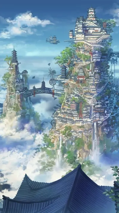 Fantasy city atop rocky peaks linked by bridges in the clouds