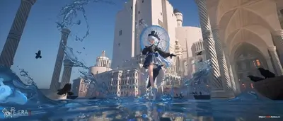 Fantasy city in water, anime girl, crows, and stunning architecture