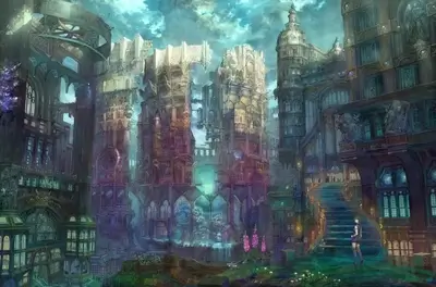 Fantasy city with a girl standing on the stairs