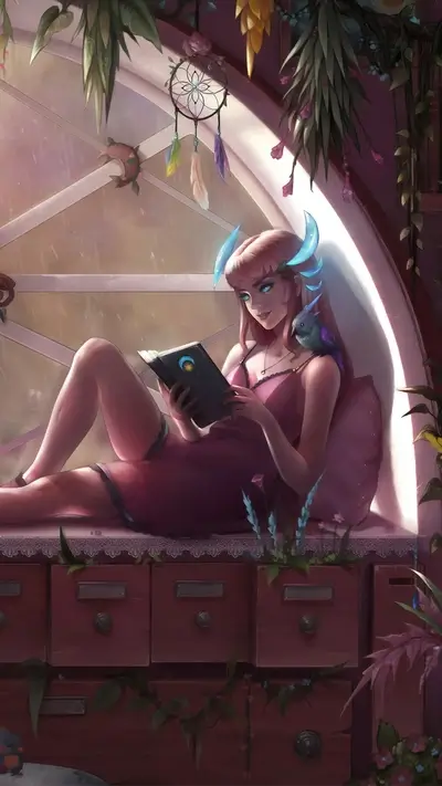 Fantasy girl reading a book indoors near the window
