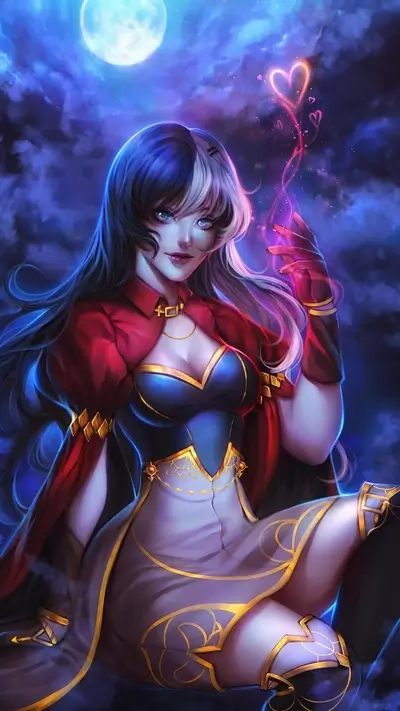 Fantasy girl with dual-toned hair, magical hearts, and elaborate attire