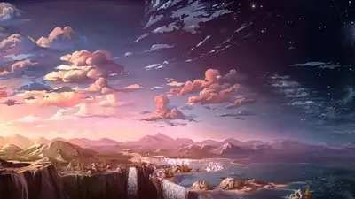 Fantasy landscape with a waterfall and lake