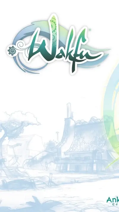 Fantasy village drawing with Wakfu title logo on white background