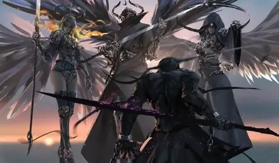 Fantasy warriors with large wings battling at sunset