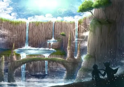 Fantasy waterfall landscape with a stone bridge, silhouetted figures, and a radiant sky