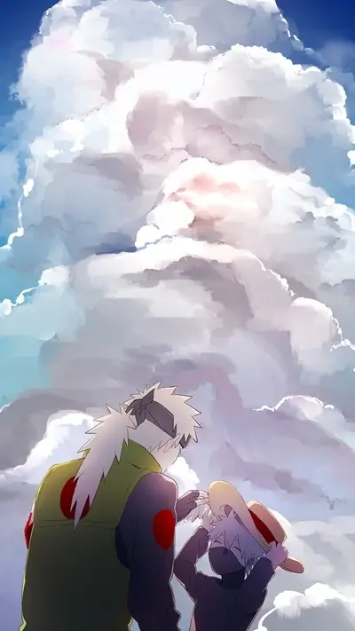 Father and son under a cloudy sky
