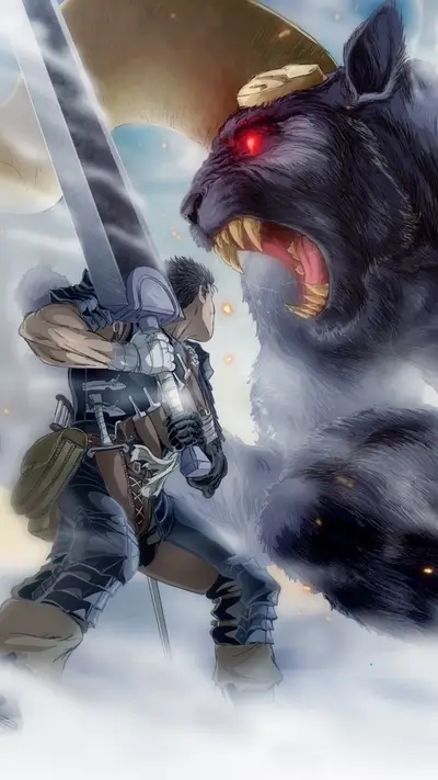 Fearsome warrior facing a demonic beast with a massive sword, ready for battle
