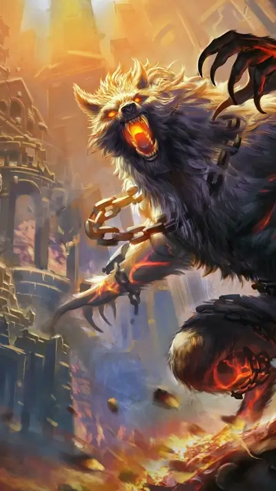 Fearsome werewolf chained and enraged, standing amidst ruins and fire.
