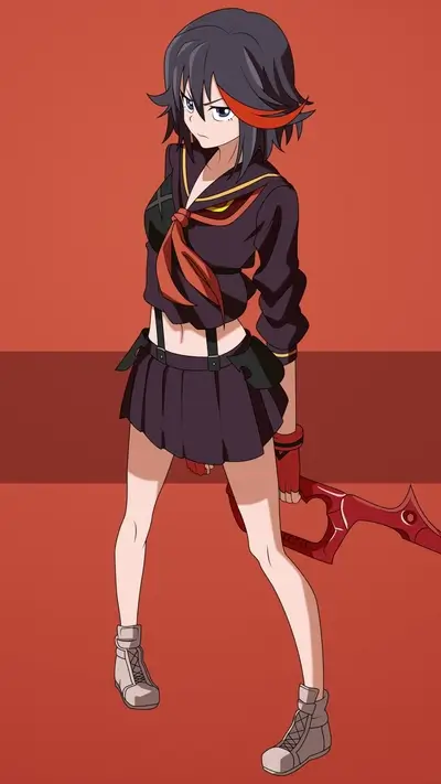 Female anime character with short hair and red sword, serious expression