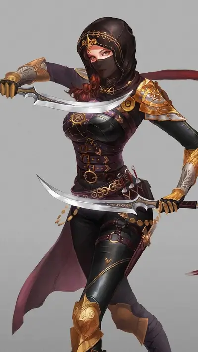 Female assassin with mask and hood in purple and gold costume