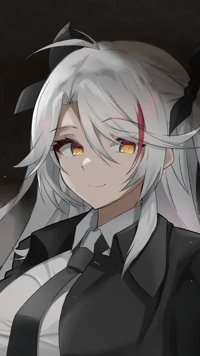 Female character in a suit, with long white hair, and golden eyes