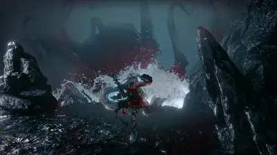 Female character in red dress fighting a giant octopus