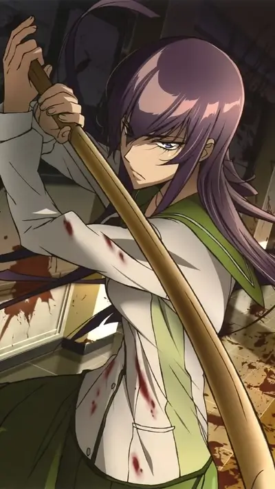 Female character wielding a wooden weapon, covered in blood