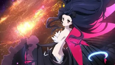 Female character with black butterfly wings floating in glowing space