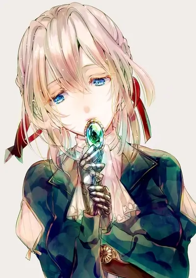 Female character with blonde hair holding a gemstone in a metallic arm