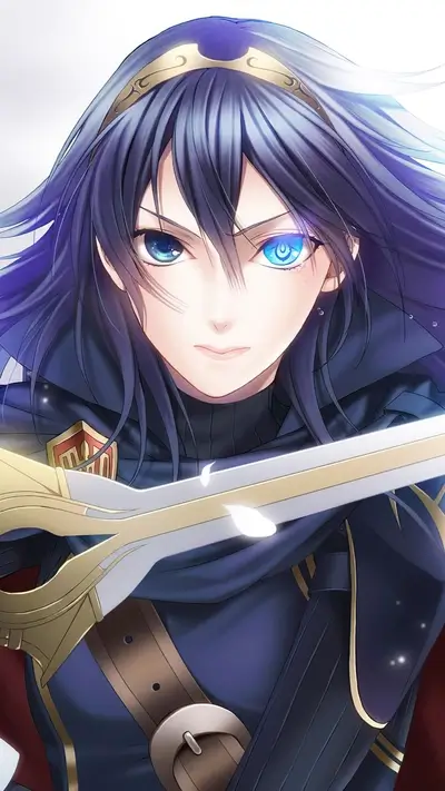 Female character with blue hair and striking blue eye holding sword