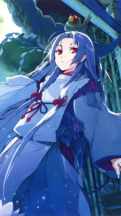 Female character with blue hair, red eyes and traditional clothing is standing