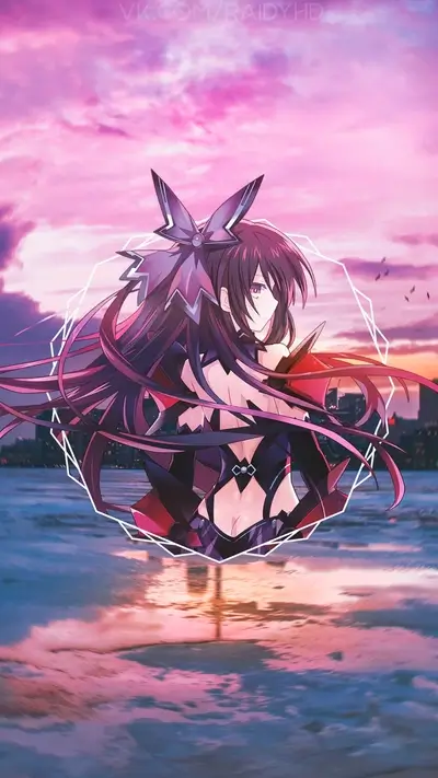 Female character with dark hair in front of cityscape and sunset, geometric shape