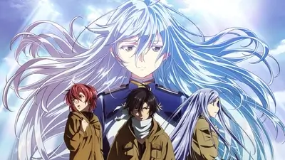Female character with long flowing hair, three characters in front, bright sky