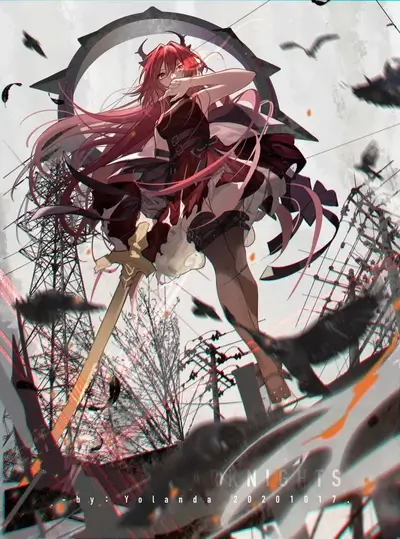 Female character with red hair and sword, dystopian background