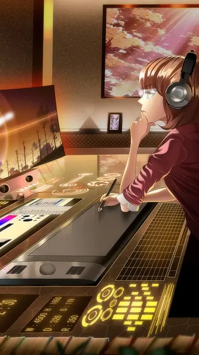 Female character working in a digital audio workstation