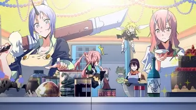Female characters with horns preparing various foods in a kitchen