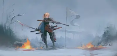 Female cyborg samurai amidst snowy battlefield ruins