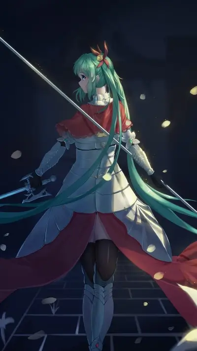 Female knight in armor, wielding swords, wearing a red cape and a ribbon.
