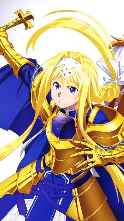 Female knight in golden armor and blue cape, holding sword above head