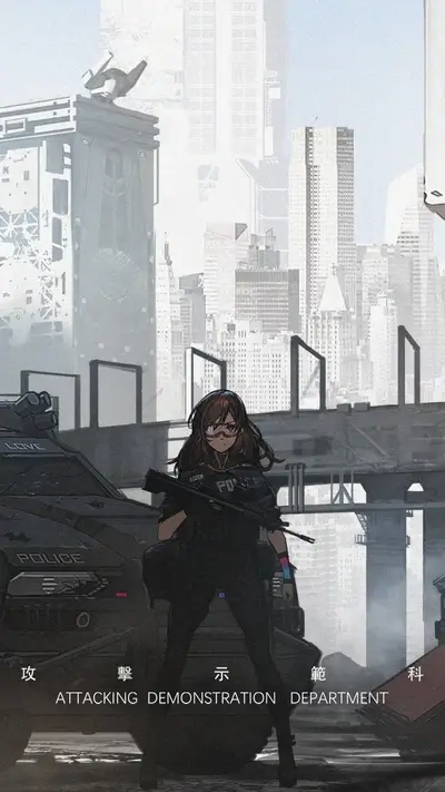 Female police officer standing in a futuristic city