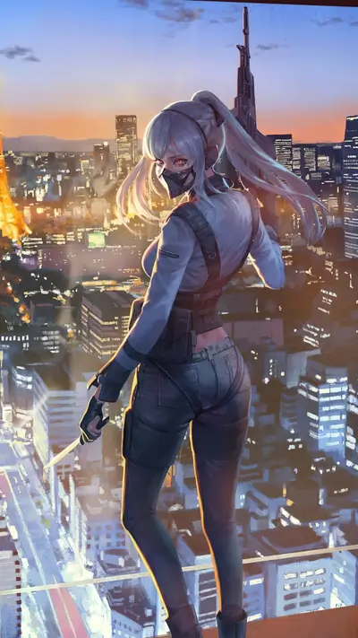 Female sniper standing above a futuristic cityscape at night