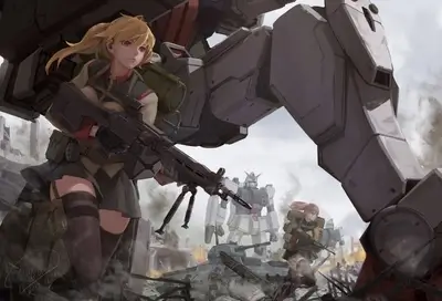 Female soldiers fighting in a war-torn city, giant robots in the background
