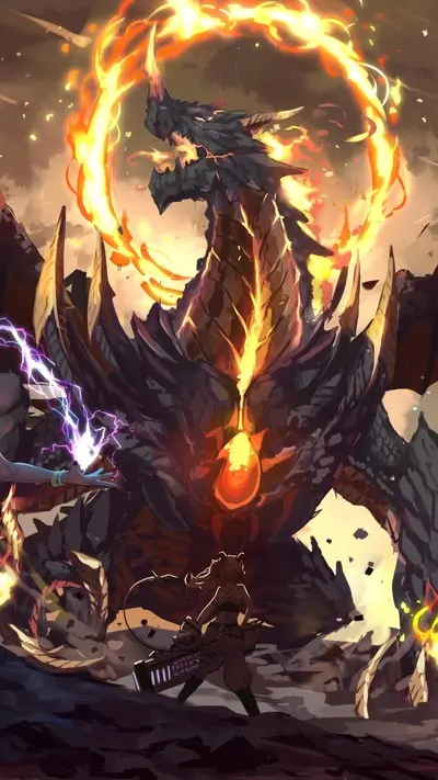 Female warrior fighting a massive fire dragon