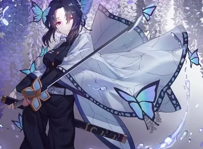 Female warrior holding sword with butterfly wings and wisteria flowers