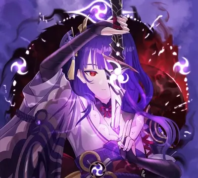 Female warrior with purple hair holding a glowing katana against a mystical dark background