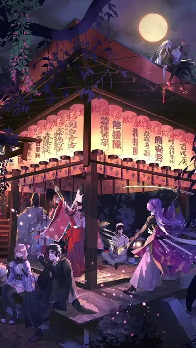 Festival scenery featuring characters in traditional attire under lanterns at night