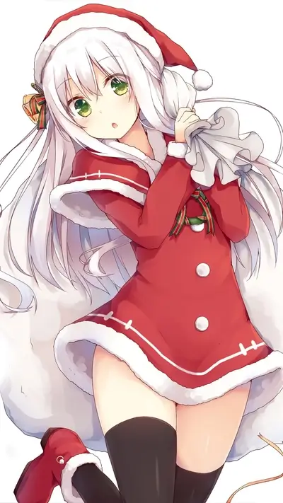 Festive anime girl in Santa outfit with gift bag, Christmas spirit