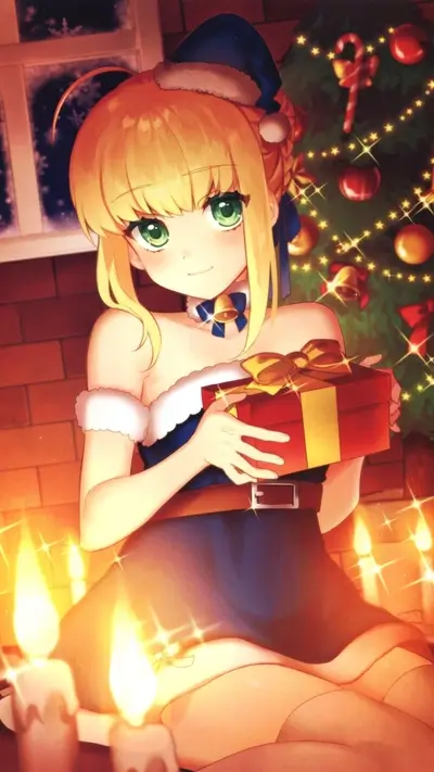 Festive anime girl with blonde hair holding gift near Christmas tree