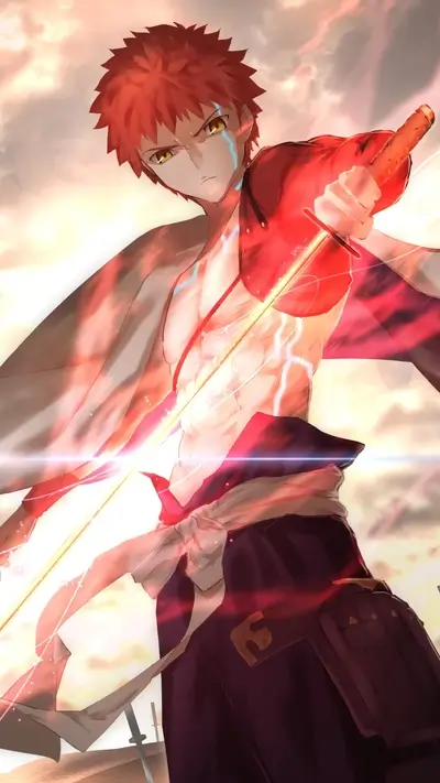 Fierce anime character wielding glowing sword