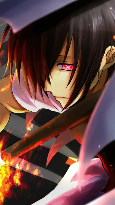 Fierce anime character with red eyes, wielding a burning weapon