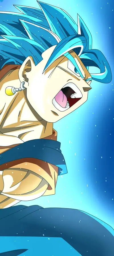 Fierce anime warrior with blue hair and determined expression, ready for battle