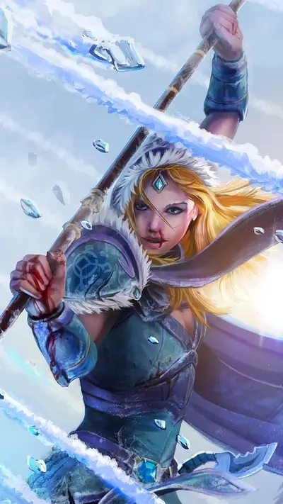 Fierce blonde warrior strikes pose with battle damage and ice shards
