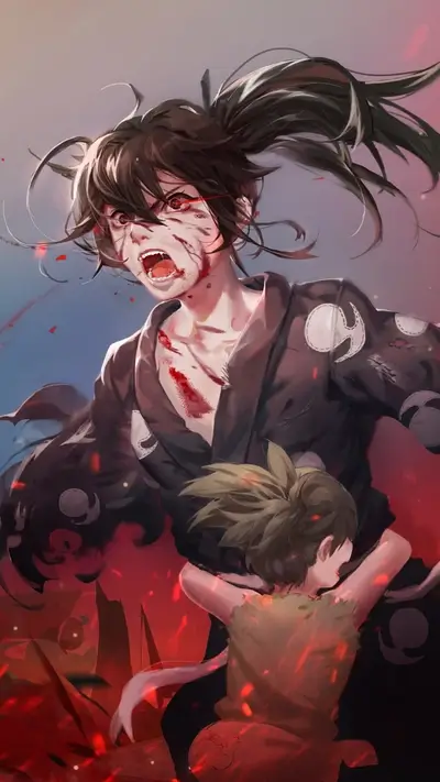 Fierce character with bloody face standing with a young companion, strong emotions, in a fiery atmosphere