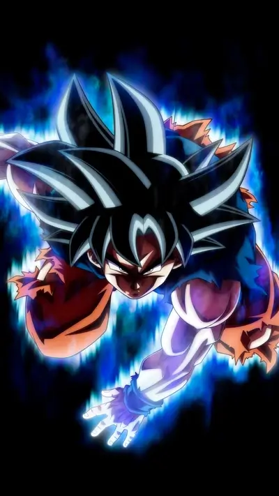 Fierce determined fighter in powerful stance surrounded by glowing blue aura
