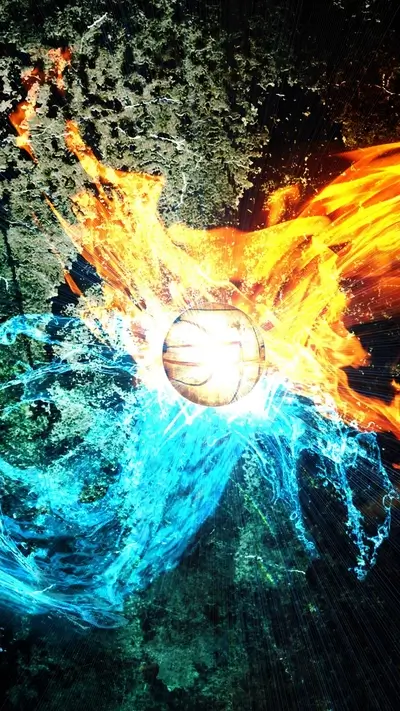 Fiery and icy water clashing around a glowing symbol