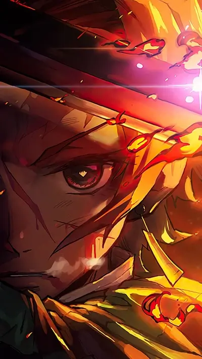 Fiery battle scene, close-up of a character's eye