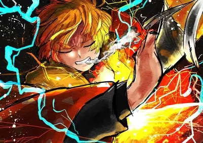Fiery battle scene, dynamic pose, electric sparks