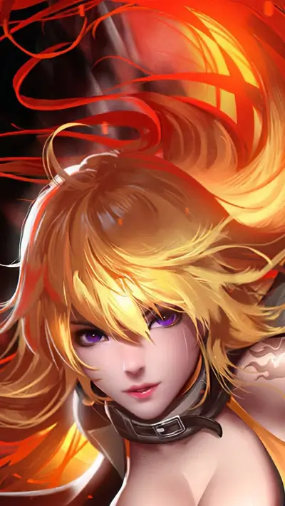 Fiery blonde woman with intense purple eyes and bright hair.