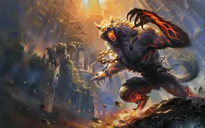 Fiery chained wolf-like creature amidst ruins