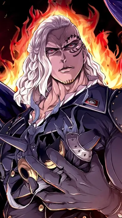 Fiery character portrait, detailed clothing, intense expression